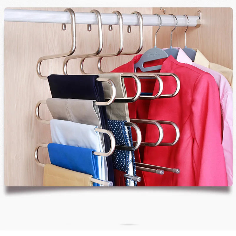 Stainless Steel S-Shaped Pants Hanger - 5 Layer Non-Slip Rack
